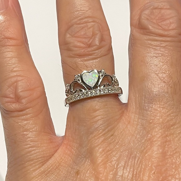 Sterling Silver White Lab Opal Heart with CZ Crown Ring, Silver Hearts Jewelry - Picture 1 of 12